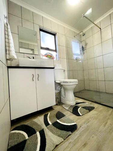 a bathroom with a sink and a toilet and a rug at The Shed - Capital Park in Pretoria