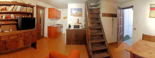 a living room with a tv and a book shelf at Da Gigi e Laura in Cogne