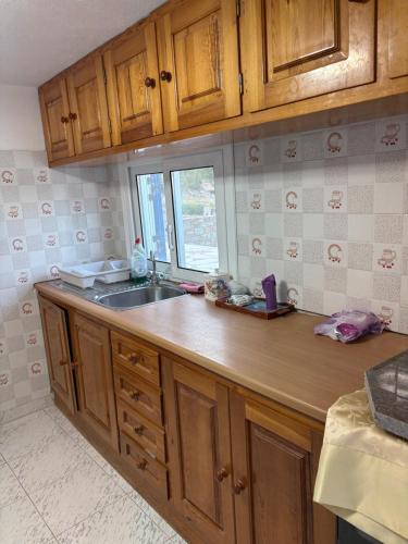 a kitchen with wooden cabinets and a sink and a window at Syros by the Bay in Azolimnos
