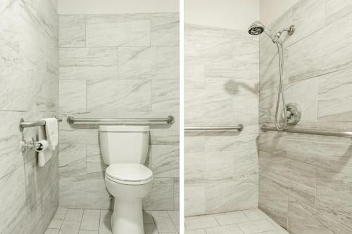 two pictures of a bathroom with a toilet and a shower at Hotel Avenida Victorville I 15 in Victorville
