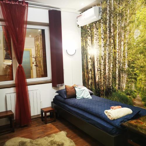 een slaapkamer met een blauw bed voor een raam bij Fortress Twin Room in Braşov