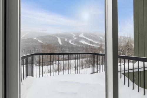 a window with a view of a snowy mountain at Studio de Ski - Studio Mont du Midi in Saint-Philémon