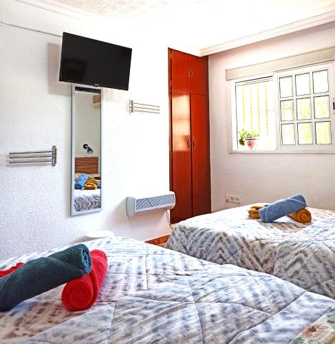 a room with two beds and a tv on the wall at El Azahar in Seville
