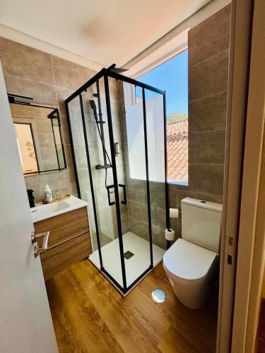 a bathroom with a toilet and a glass shower at Casa Tawny in Pinhão