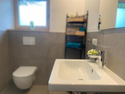 a bathroom with a white sink and a toilet at Neueröffnung! Gästezimmer im Herzen von Lauterach in Lauterach