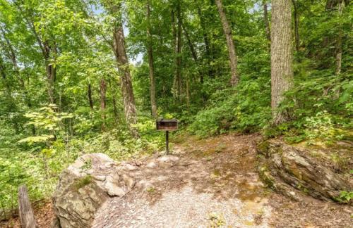a trail in the woods with a sign on a rock at All Time High in Cartertown