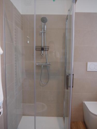 a shower with a glass door in a bathroom at Cal Vecia Agriturismo in Calvecchia