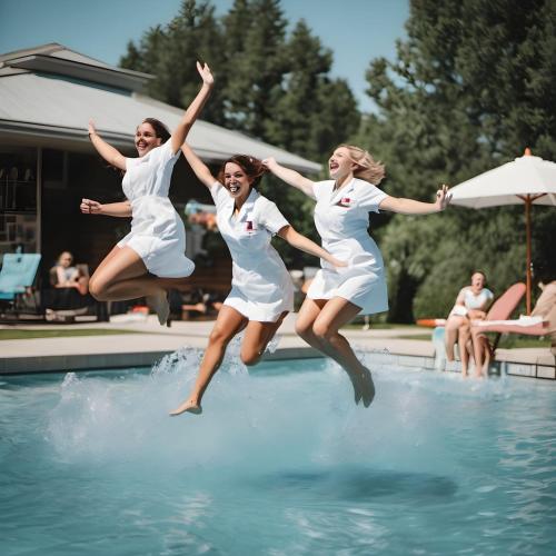 three girls jumping in a swimming pool at lontani da casa in Borgofranco dʼIvrea