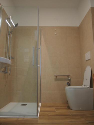 a bathroom with a shower with a tub and a toilet at Cal Vecia Agriturismo in Calvecchia