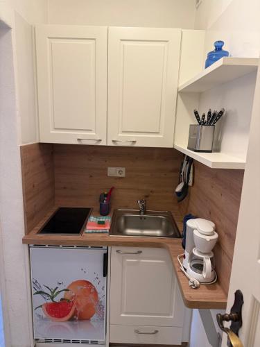 a small kitchen with white cabinets and a sink at Reethäuser auf Rügen in Middelhagen
