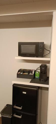 a microwave sitting on top of a shelf at Tasi Apartaments 2 in Cento