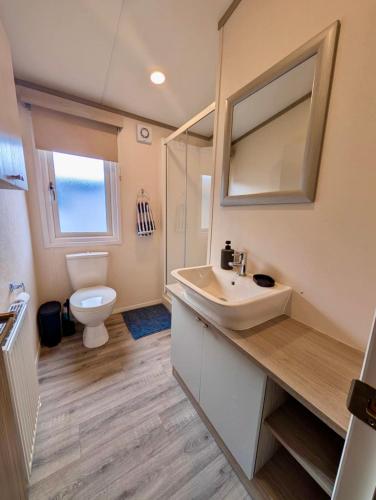a bathroom with a sink and a toilet at Whispering Pines in Great Yarmouth