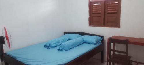 a bed with blue pillows on it in a room at Bunaken Jhon Homestay in Manado
