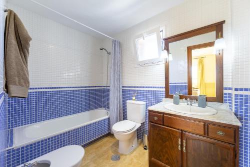 Un baño azul y blanco con inodoro y lavabo. en AlmeriaSuite Vera Terrace & Pool, en Media Legua