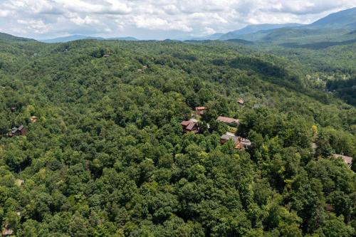 an aerial view of a house in the middle of a forest at A Mountain Dream in Rocky Grove