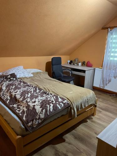 a bedroom with a bed and a desk and a chair at Ambrus vendégház in Gheorgheni