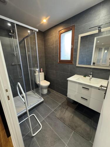 a bathroom with a shower and a sink and a toilet at Maison Merveilles 4 in Saint Malo
