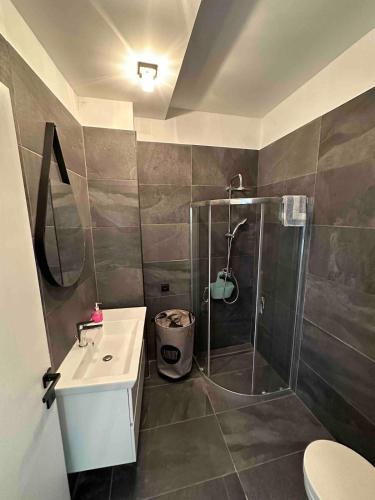 a bathroom with a shower and a sink at Charming Retreat in Mesochórion