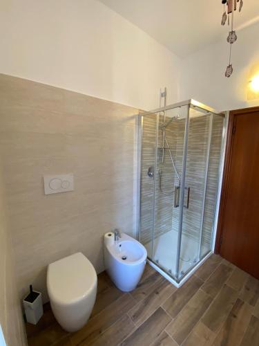 a bathroom with a toilet and a sink and a shower at Appartamento La Clessidra in Roccatederighi