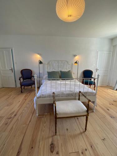 a bedroom with a bed with two chairs and a chandelier at Le Clos de l'Herbaudière in Saivres