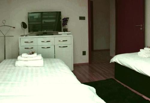 a bedroom with two beds and a television on a dresser at Modern 3 Bedrooms in Osijek in Osijek