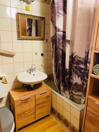 a bathroom with a sink and a shower curtain at Glücksmomente in Wolfegg