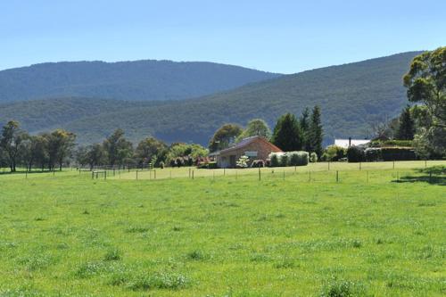 a field of green grass with a house in the background at Vista Apartment 2 in Yarra Junction