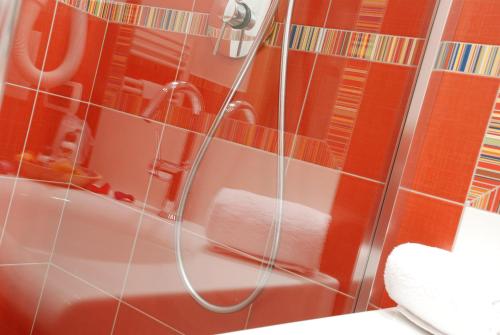 a shower with a hose in a bathroom at Hotel Alegra in Livigno
