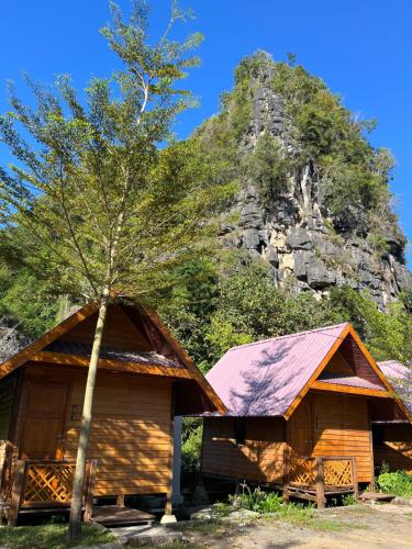 a cabin with a tree in front of a mountain at Cottage Pier 2 of Rammang-Rammang in Kasijala