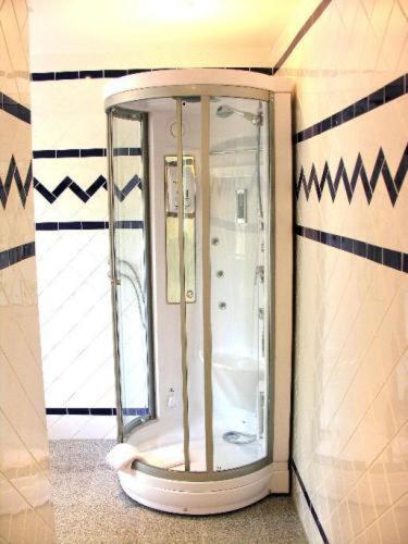 a shower in the corner of a bathroom at Waldhotel Silbermühle in Horn-Bad Meinberg