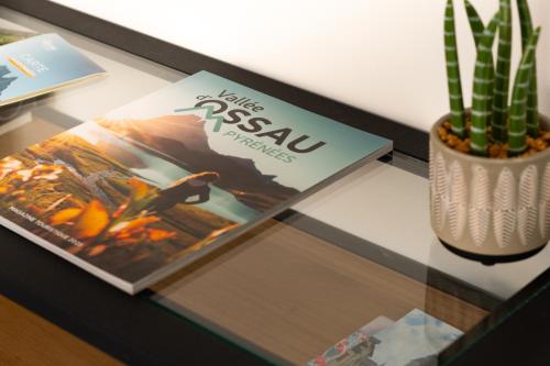 a book sitting on a table next to a cactus at Studio Cosy en vallée d'Ossau in Izest