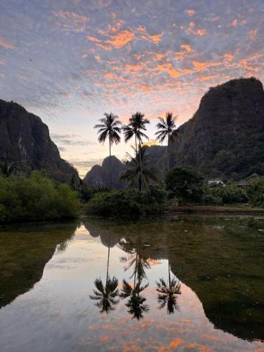 two palm trees are reflected in a body of water at Cottage Pier 2 of Rammang-Rammang in Kasijala