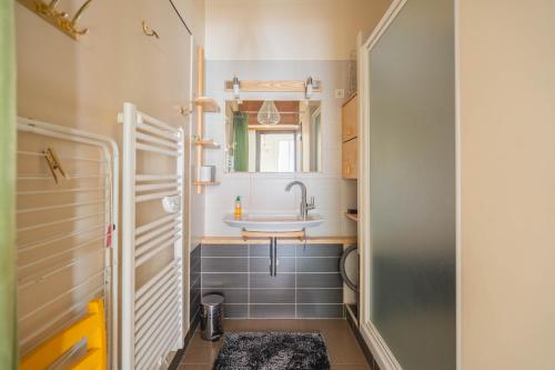a small bathroom with a sink and a mirror at Au Petit Bonheur Proche Centre et Lac in Aix-les-Bains