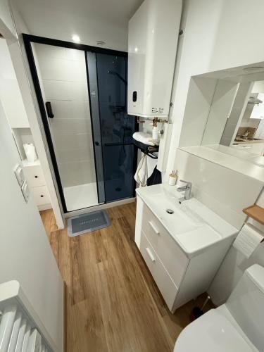 a white bathroom with a sink and a shower at Chaleureux Studio Tout Confort in Orléans