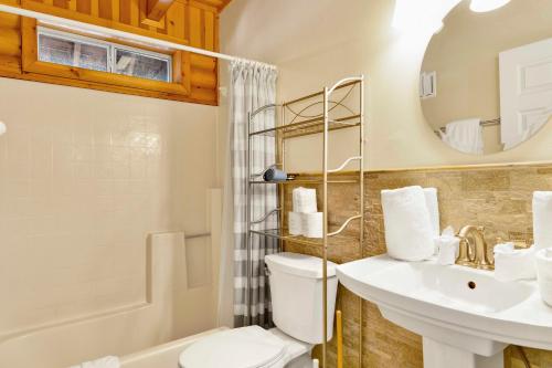 a bathroom with a toilet and a sink and a mirror at Cub's Cabin #2561 in Big Bear Lake