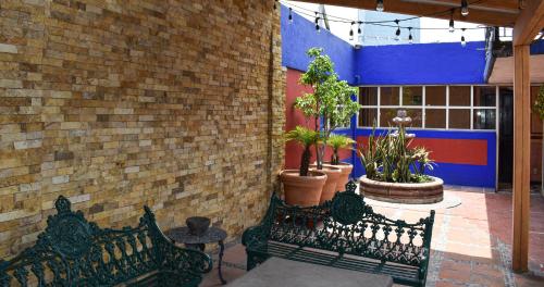a black bench in front of a brick wall with plants at Hotel Benedicta in Mexico City