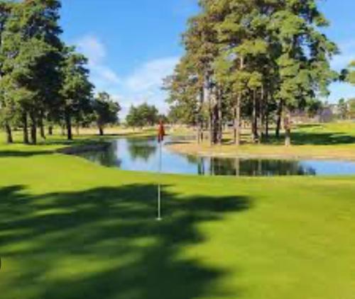 a golf course with a pond and a golfer in the background at Stuga Loft Apartment Rinkaby-Åhusvägen 
