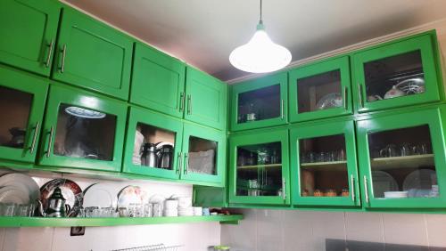 a green kitchen cabinets with dishes in them at Janna appartement in Dcheira El Jihadia