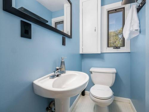 a bathroom with a white toilet and a sink at Columbus St Haus German Villagepetsok in Columbus