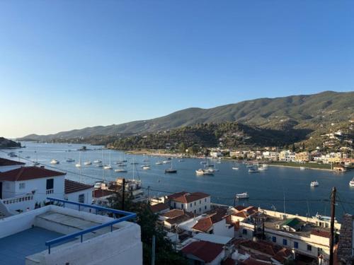 a view of a harbor with boats in the water at Mona in Poros