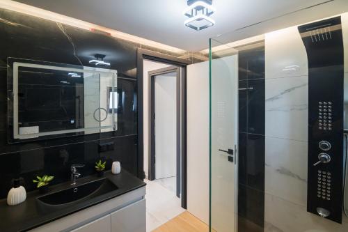 a bathroom with a sink and a glass shower at Melydia luxury Villa in Kastamonítsa