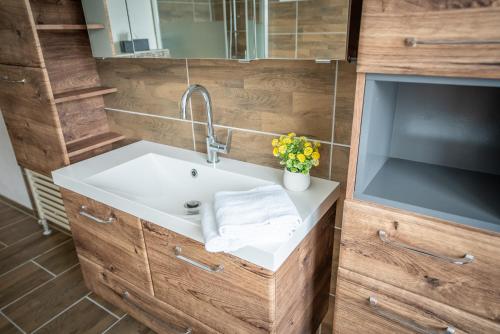 a bathroom with a sink and a tv at BacherlHouse - Apartment Ager in Schörfling