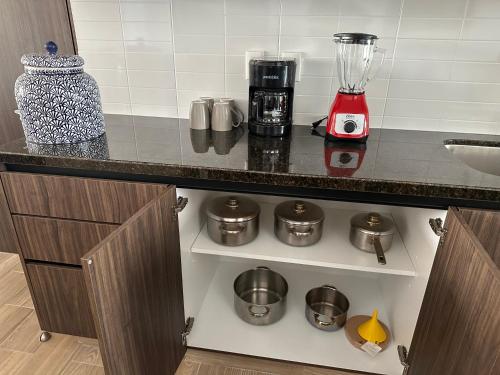 a kitchen with a counter with a blender on it at Luxor and Condo Hotel in Ajijic