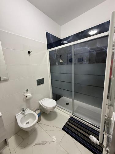 a bathroom with a shower and a toilet and a sink at Desire guest House in Pisa