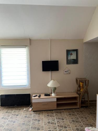 a living room with a flat screen tv on the wall at Vila Petrov in Lukavica