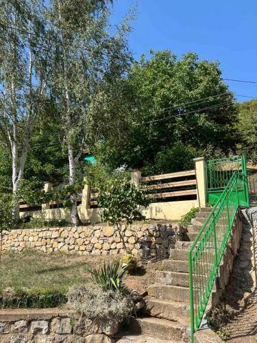 a green railing on some stairs next to a stone wall at Vila Petrov in Lukavica