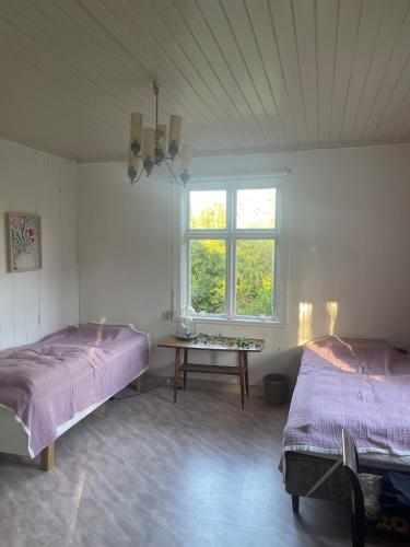 a room with two beds and a table and a window at Large house in rosenfors near Borgholm for rent in Borgholm