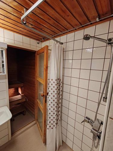 a bathroom with a shower and a sink at Degersandsvägens stugor in Eckerö