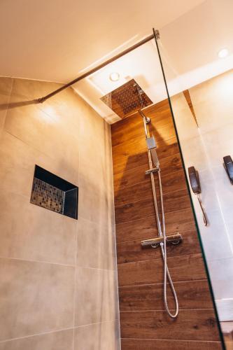a shower with a glass door in a bathroom at Strindberg Boutique Hotel in Topliţa