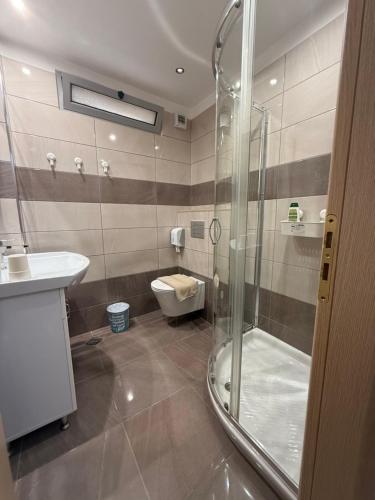 a bathroom with a shower and a sink and a toilet at Vironas Hotel in Himare